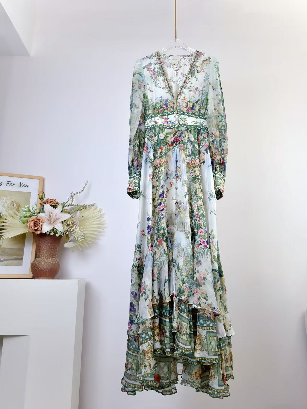 V Vintage Fashion - Abito lungo a fantasia floreale, elegante